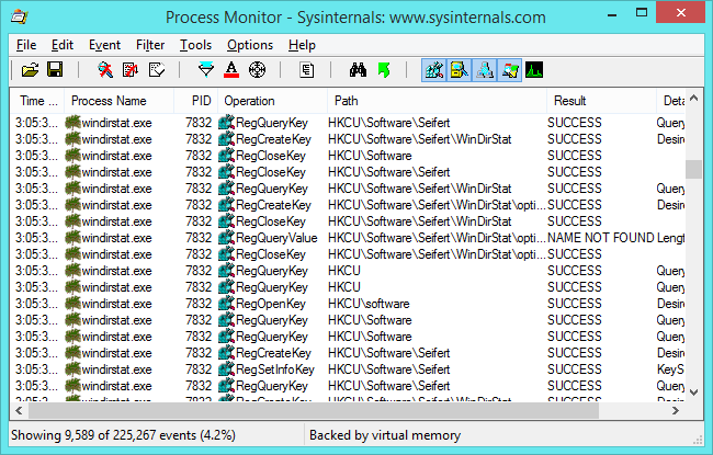 Process Monitor показывает запись о чтении настроек из реестра HKEY_CURRENT_USERSoftwareSeifertWinDirStat
