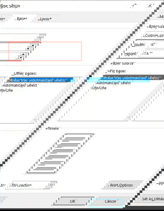 Пользовательский размер бумаги в Word на Windows