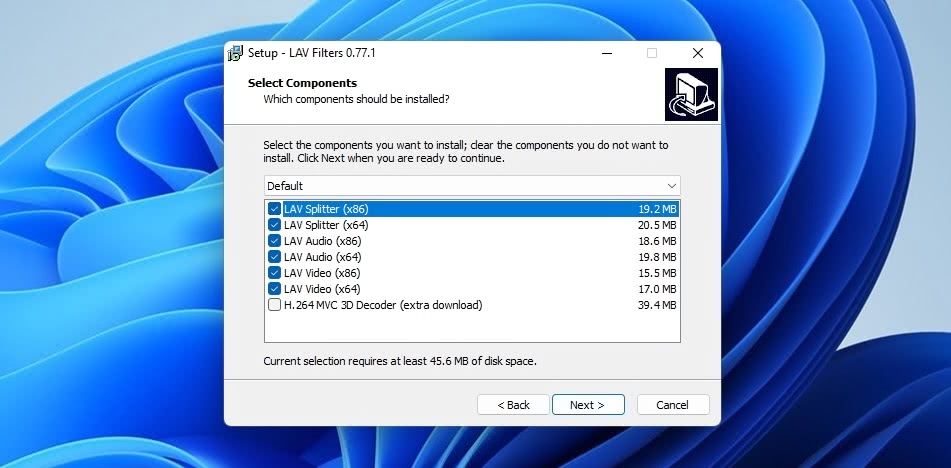 Окно выбора компонентов инсталлятора LAV Filters, где видны флаги установки