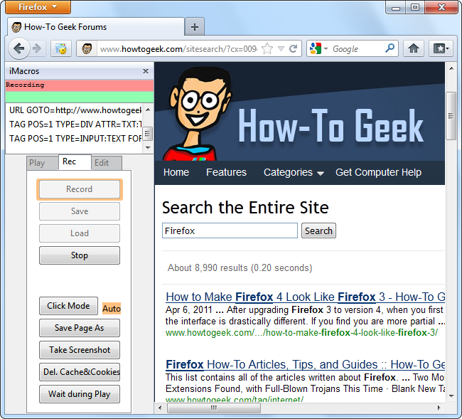 Пример поиска на сайте How-To Geek, записанного в макросе
