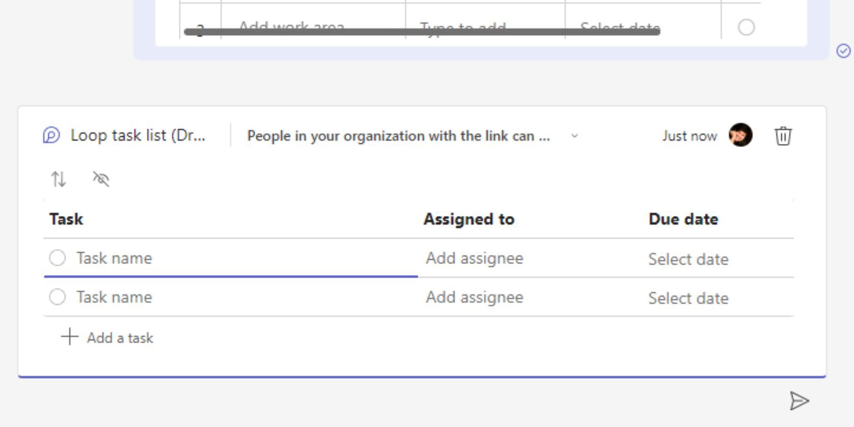 Скриншот Microsoft Teams: редактирование Loop-компонента перед отправкой