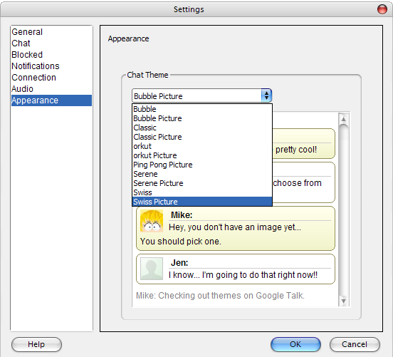 Скриншот Google Talk: выбор темы чата