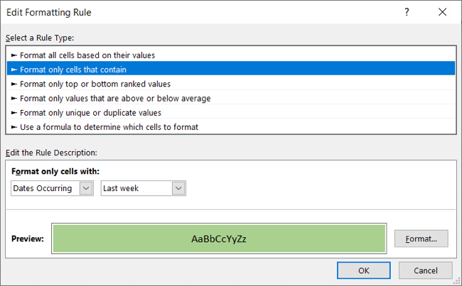 Редактирование правила условного форматирования