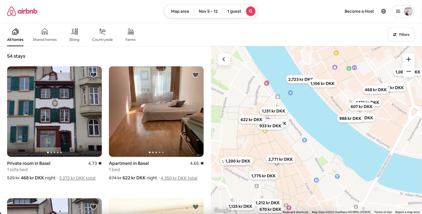 screenshot showing the map on airbnb and listings associated with it 