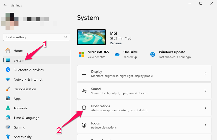 Параметры — раздел Система, страница Уведомления.