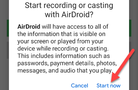 Подтвердите запуск зеркалирования в AirDroid на телефоне