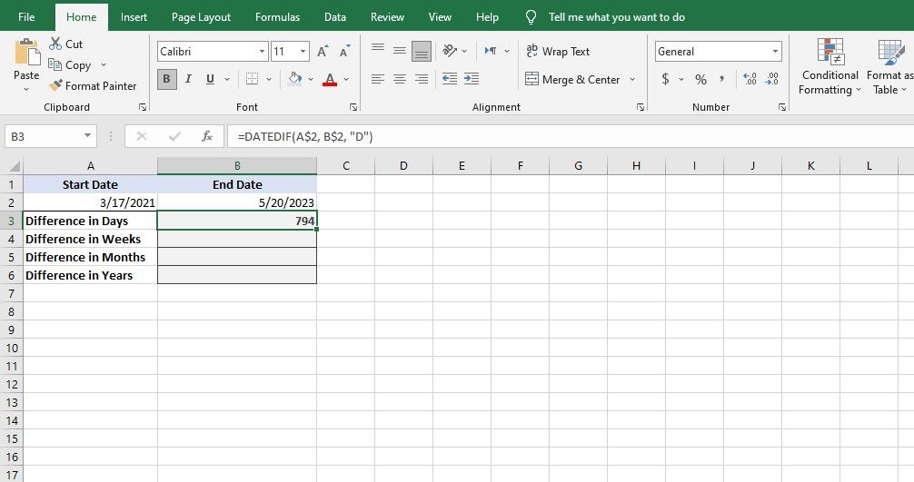DATEDIF вычисляет разницу в днях в Excel