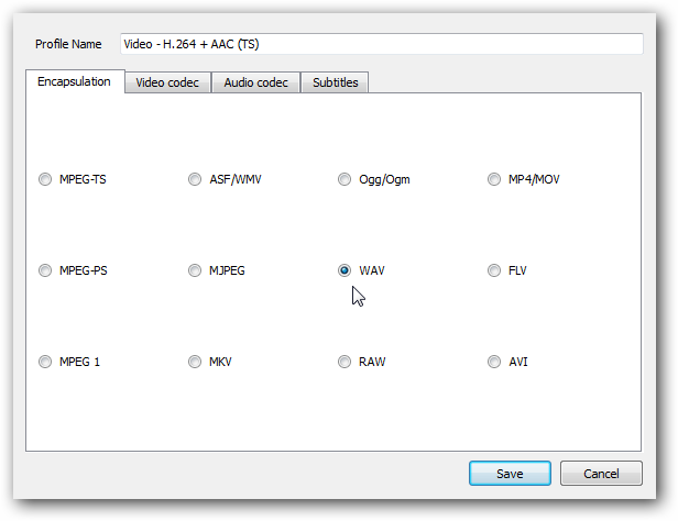 Вкладка 'Инкапсуляция' с опцией WAV