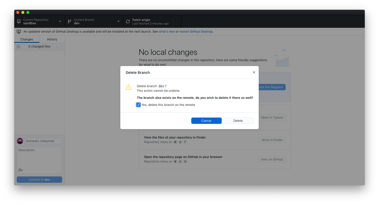 Скриншот: удаление удалённой ветки в GitHub Desktop