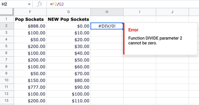 Ошибка деления на ноль в Google Таблицах