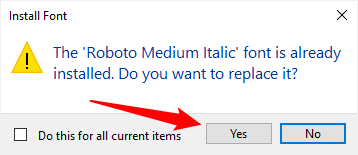 Подтвердите замену установленных шрифтов, нажав «Да».