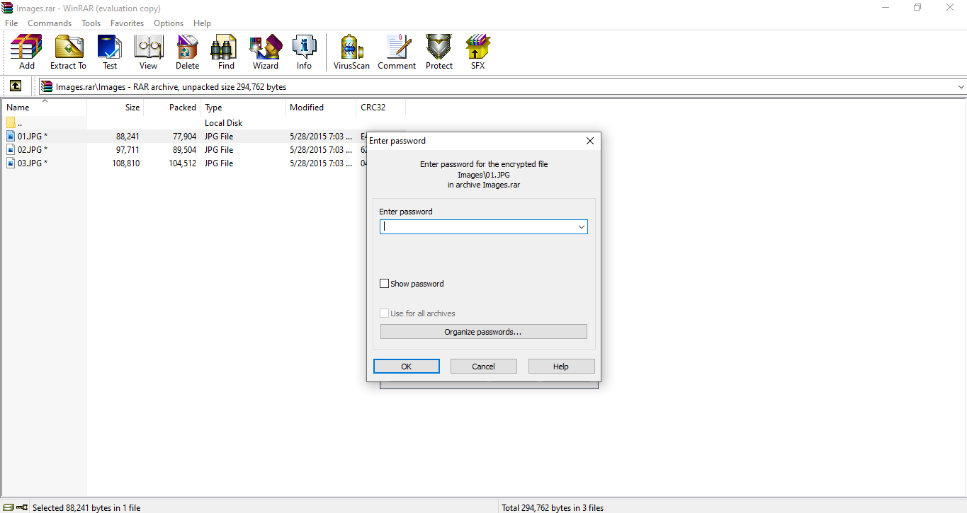 Окно запроса пароля при открытии зашифрованного архива