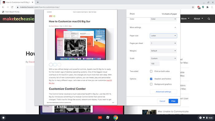 Параметры страницы в диалоге печати Chromebook: размер бумаги, ориентация, печать в цвете