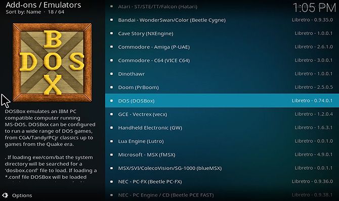Меню эмуляторов в Kodi с перечислением доступных платформ
