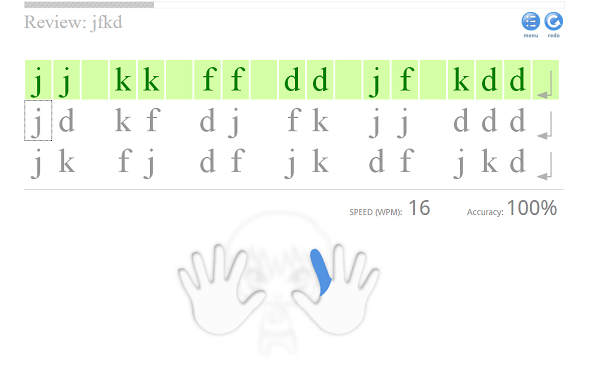 Экран TypingClub с указанием пальцев и клавиш