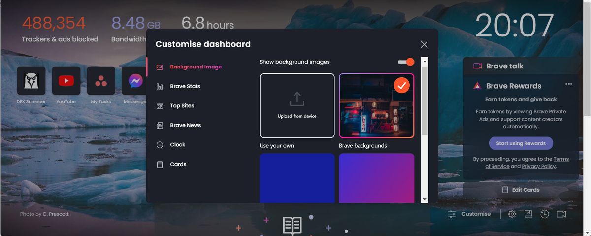 Загрузка изображения для фона Brave на рабочем столе