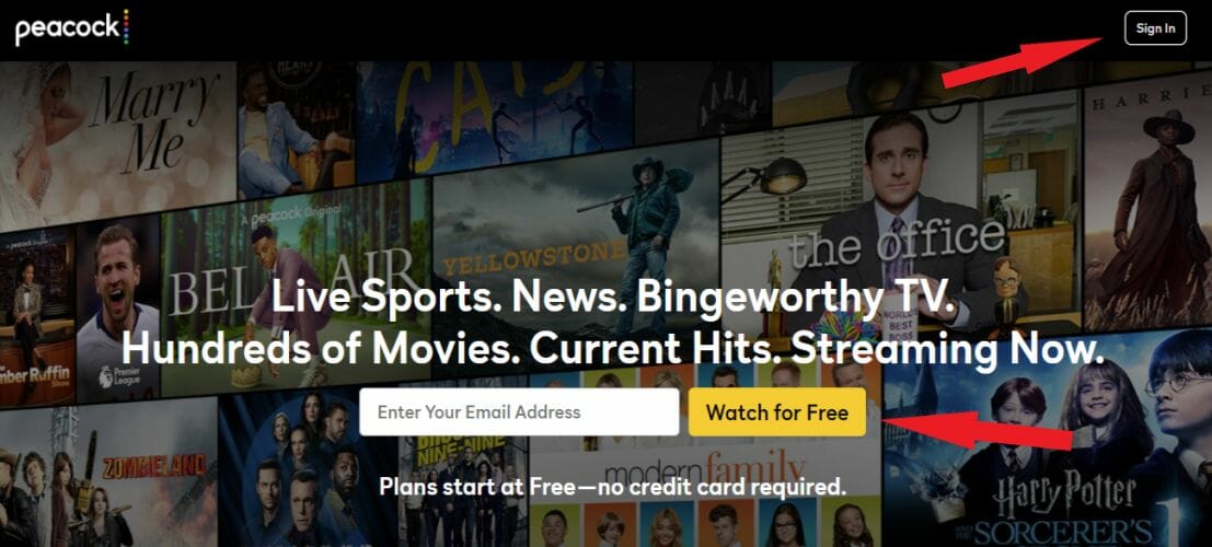 Экран создания аккаунта или вход в Peacock