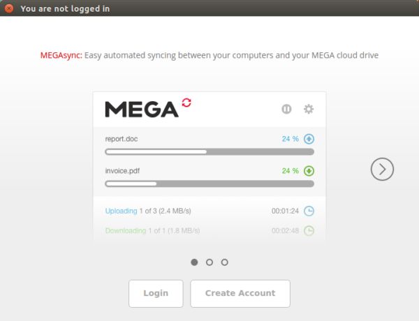 Экран приветствия и входа MEGAsync