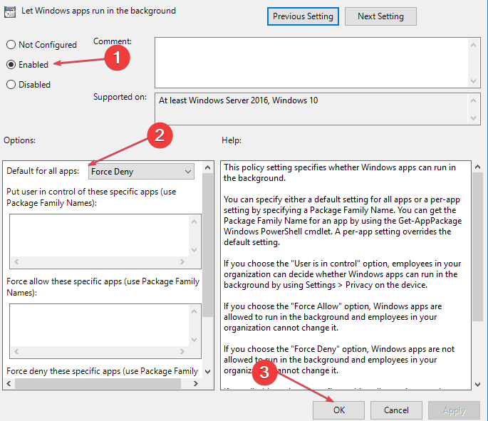 Включение параметра и выбор «Пользователь управляет»