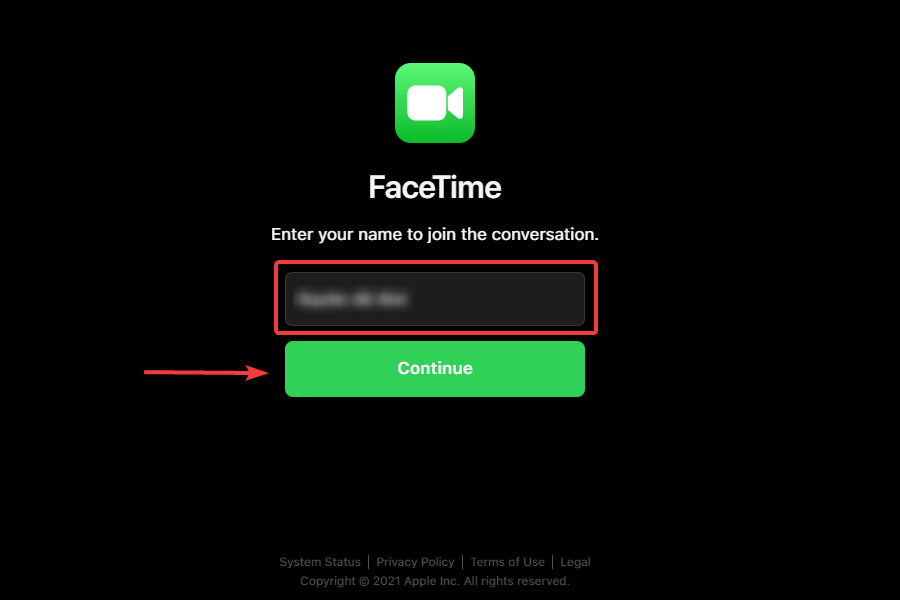 Ввод имени для присоединения к FaceTime в Windows