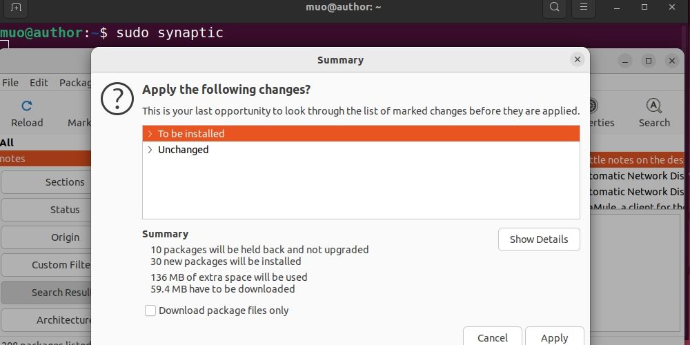 Нажатие кнопки Применить в Synaptic на Ubuntu