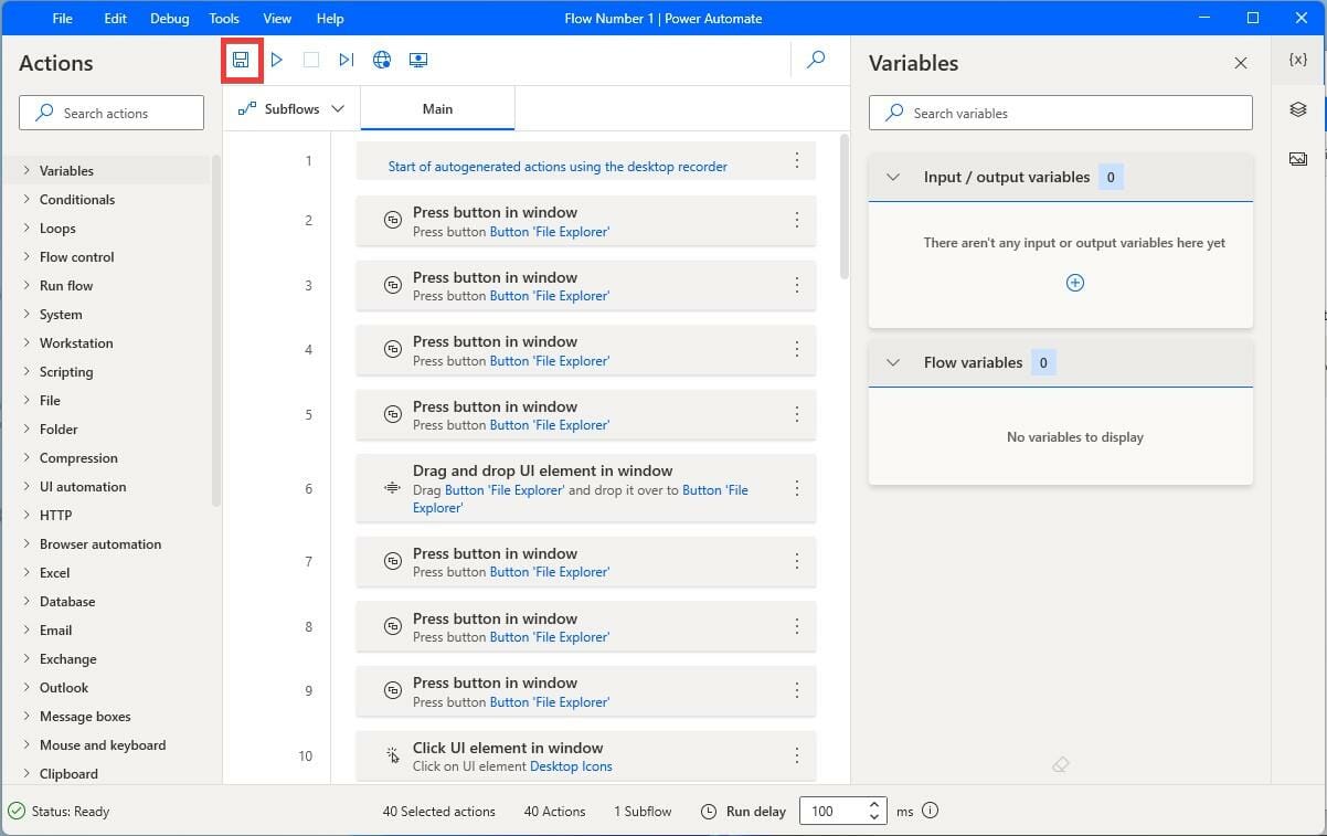 Кнопка сохранения потока в Power Automate