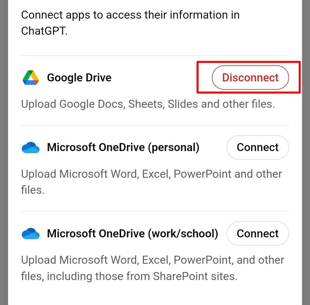Красная кнопка «Отключить» рядом с опцией Google Drive.