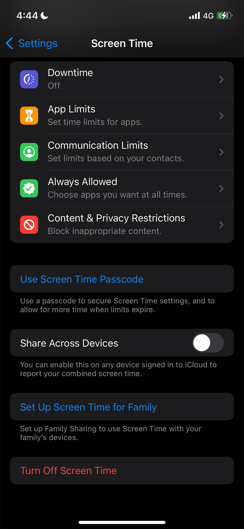 Экран настроек Экранного времени с параметрами