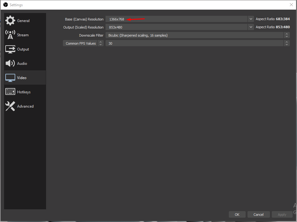 Настройки видео: Output (Scaled) Resolution установить 720p