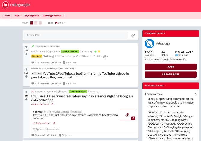 Логотип и скрин сообщества r/degoogle на Reddit