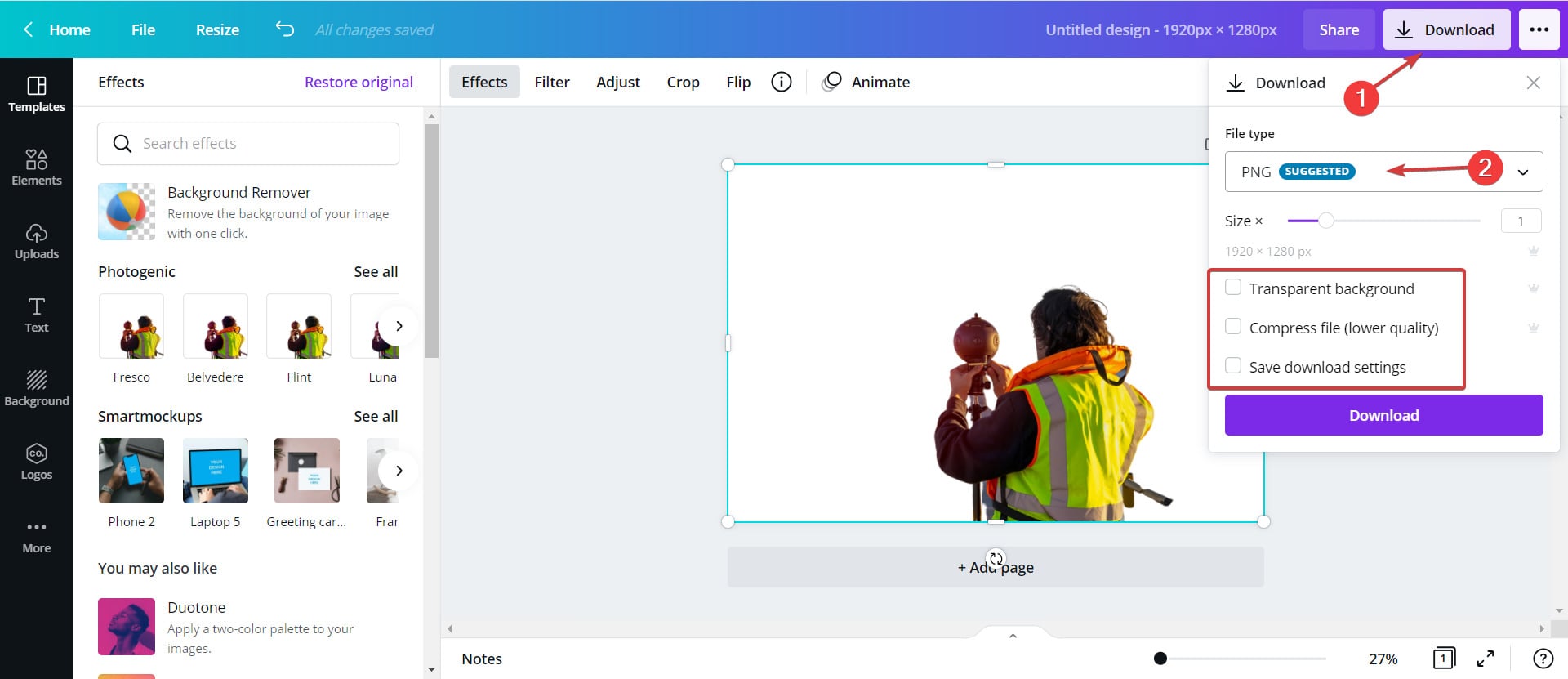 Окно выбора формата и опций скачивания в Canva