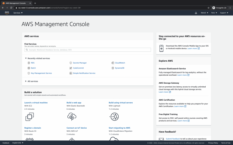 Главная панель AWS