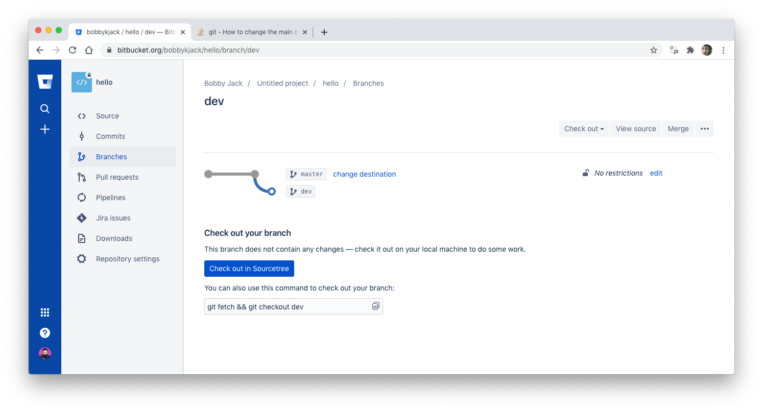 Скриншот Bitbucket: страница новой ветки