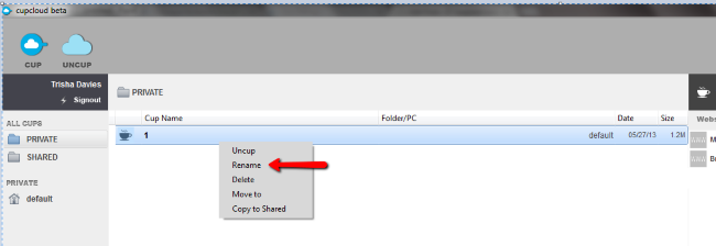 Переименование созданного cup — выбор команды Rename