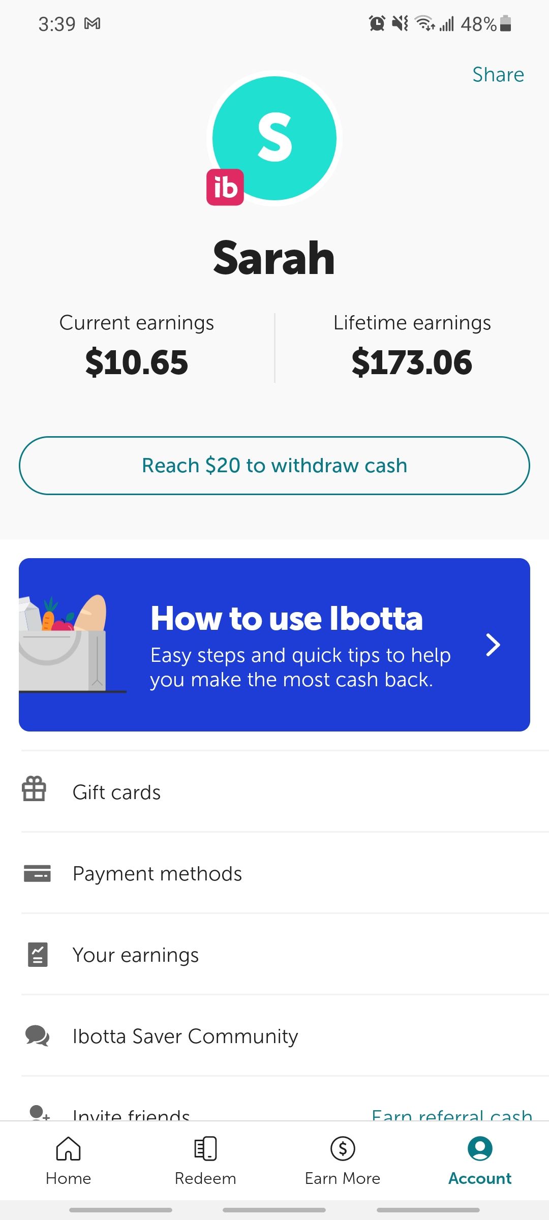 profile in ibotta app showing lifetime earnings