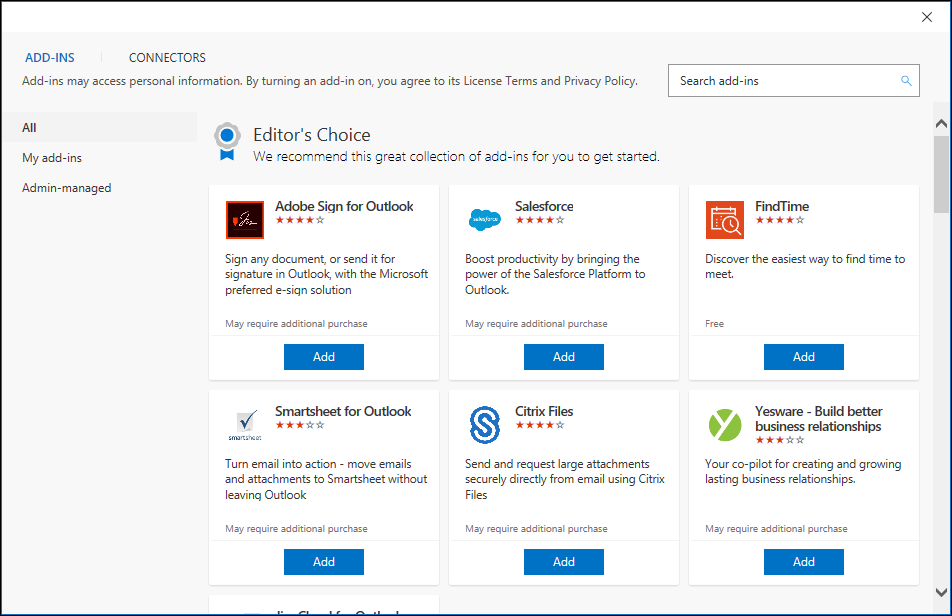 Панель Add-ins & Connectors с результатами поиска
