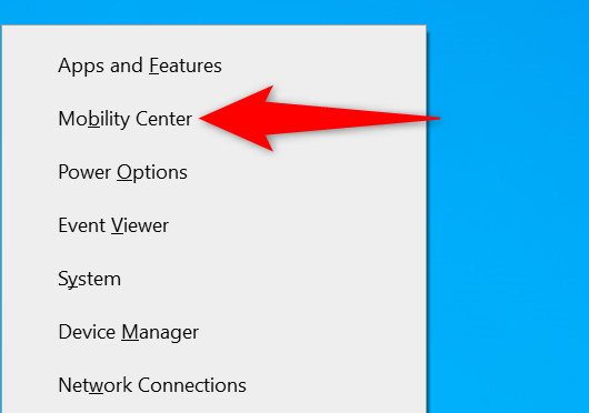 Выберите «Центр мобильности» в списке