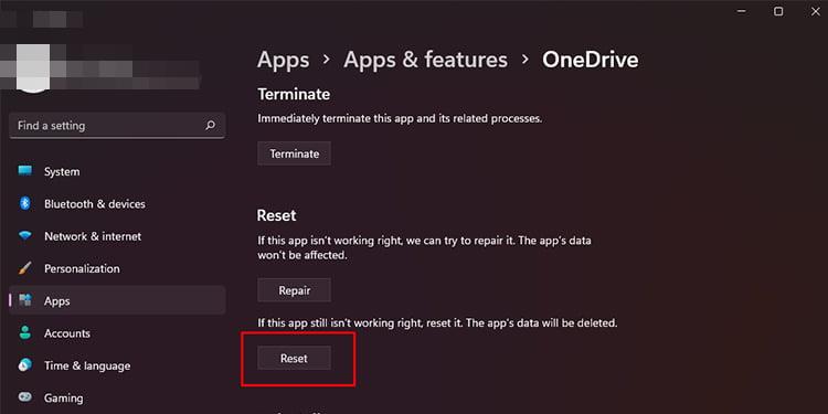 Кнопки Восстановить и Сброс для приложения OneDrive
