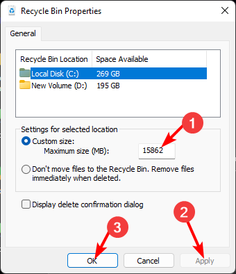 Поле для ввода пользовательского размера Корзины