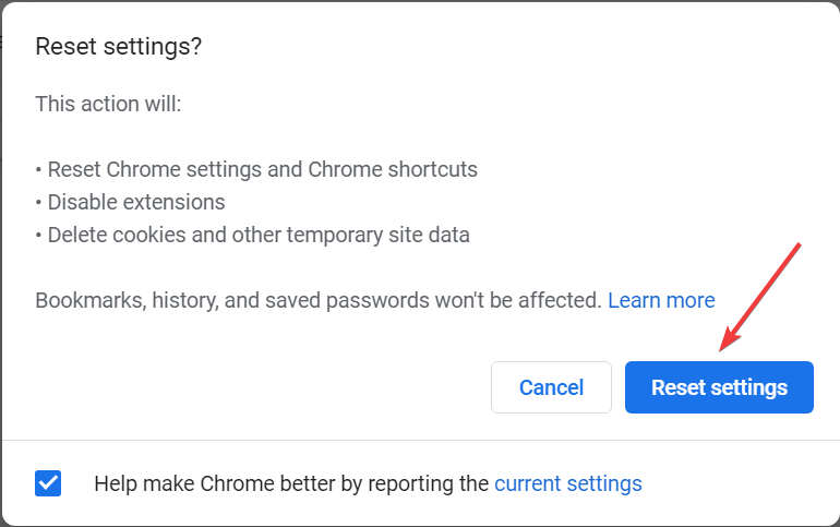 Подтвердить сброс настроек Chrome
