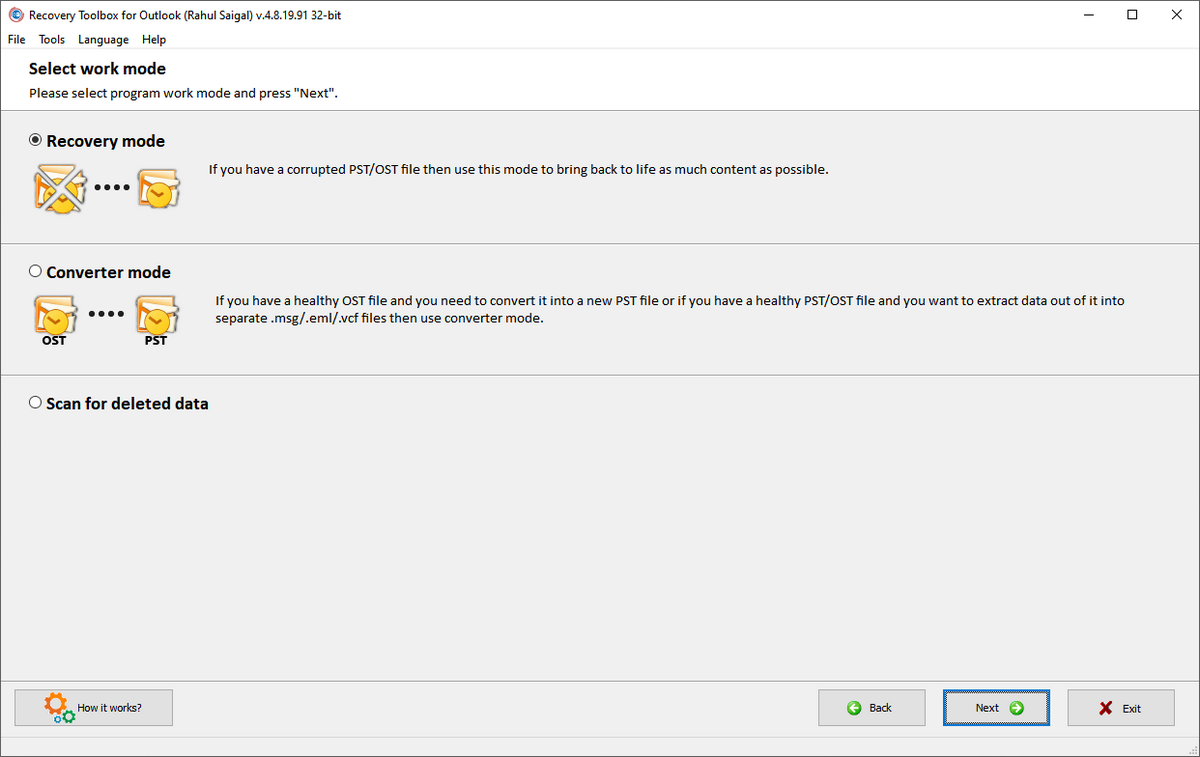 select work mode in outlook recovery toolbox app