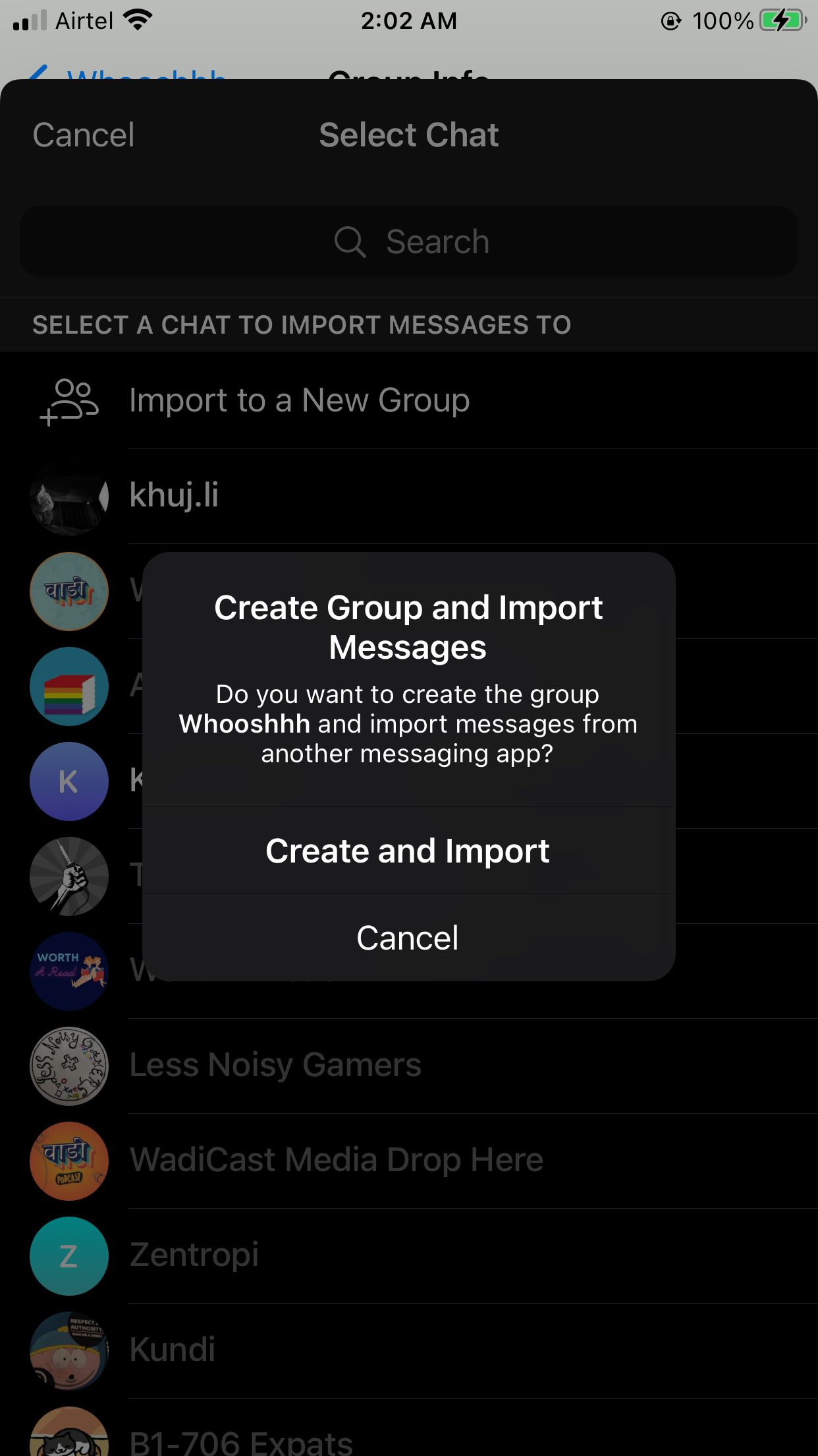 Создание новой группы и импорт чатов в Telegram на iOS