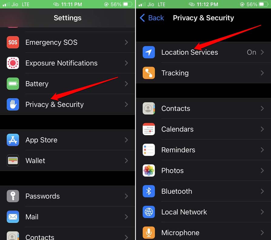 iOS location services settings