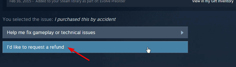 Опция запроса возврата на странице игры в Steam