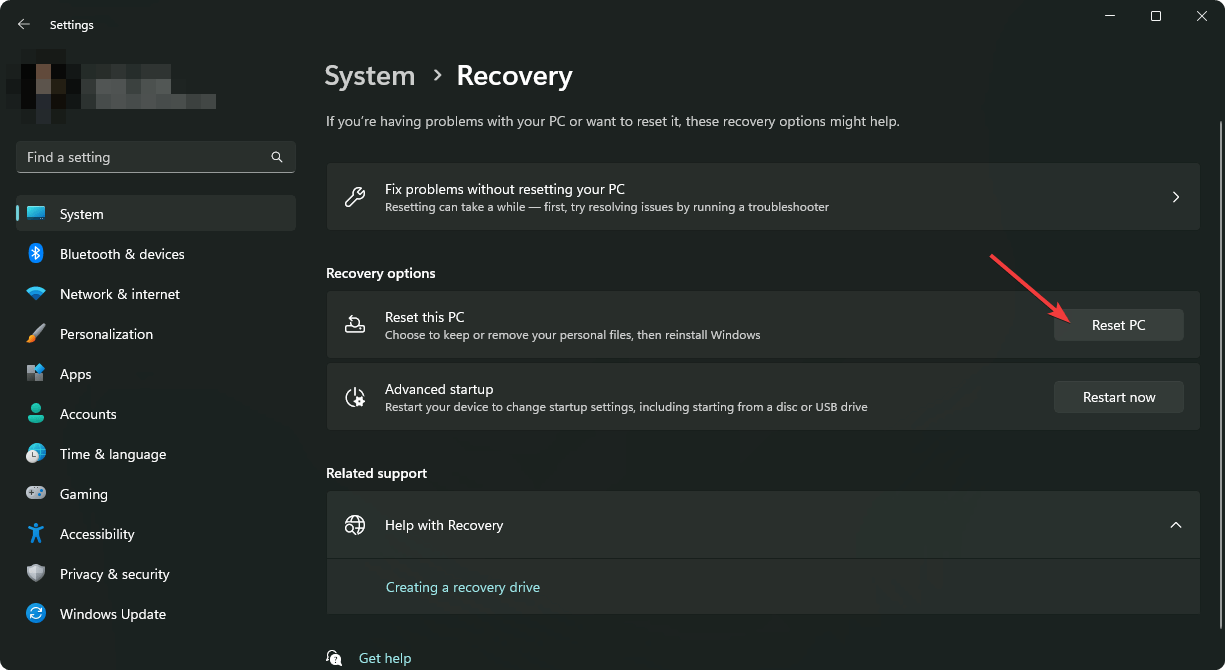 Кнопка Сбросить компьютер в Параметрах Windows 11