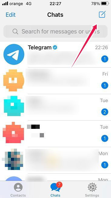 Android Telegram: кнопка 'Новый чат'