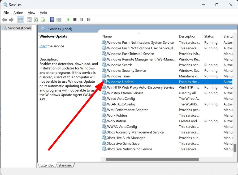 Служба Windows Update в списке служб