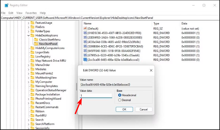Окно редактирования значения реестра для скрытия значка