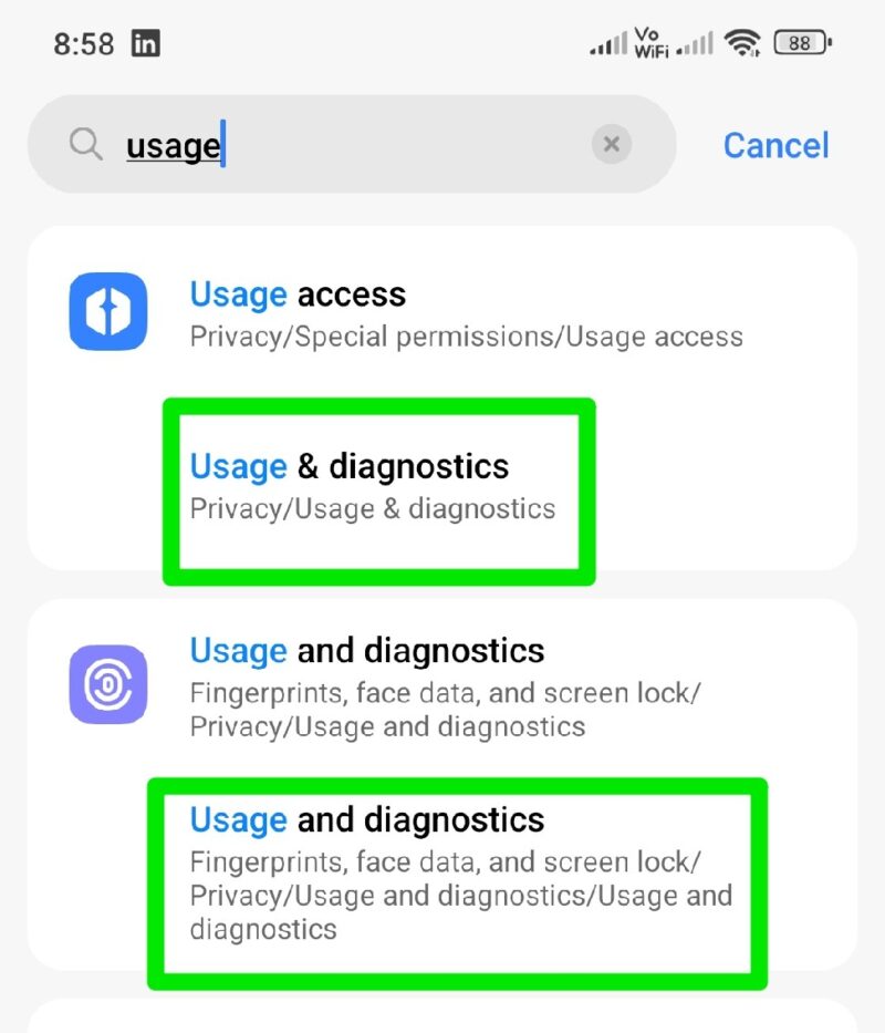 Результаты поиска по запросу usage в настройках Android