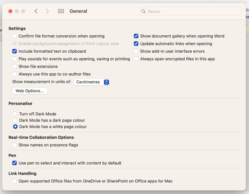 Параметр для установки белого цвета страницы в тёмном режиме на macOS
